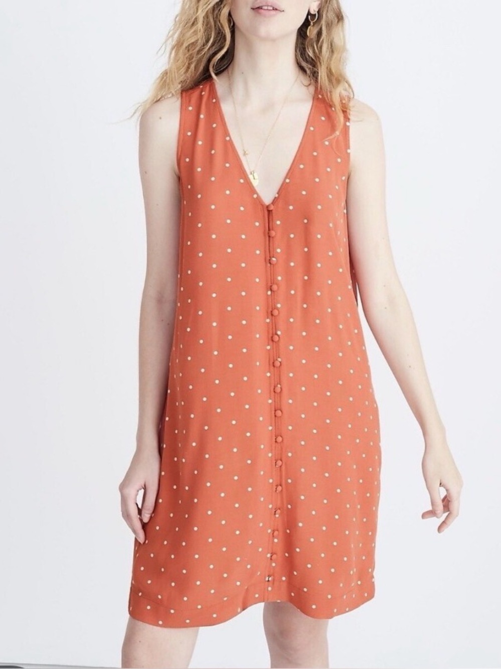 Madewell Rust Cream Polka Sleeveless Dot Button-Front Short Dress. Small
